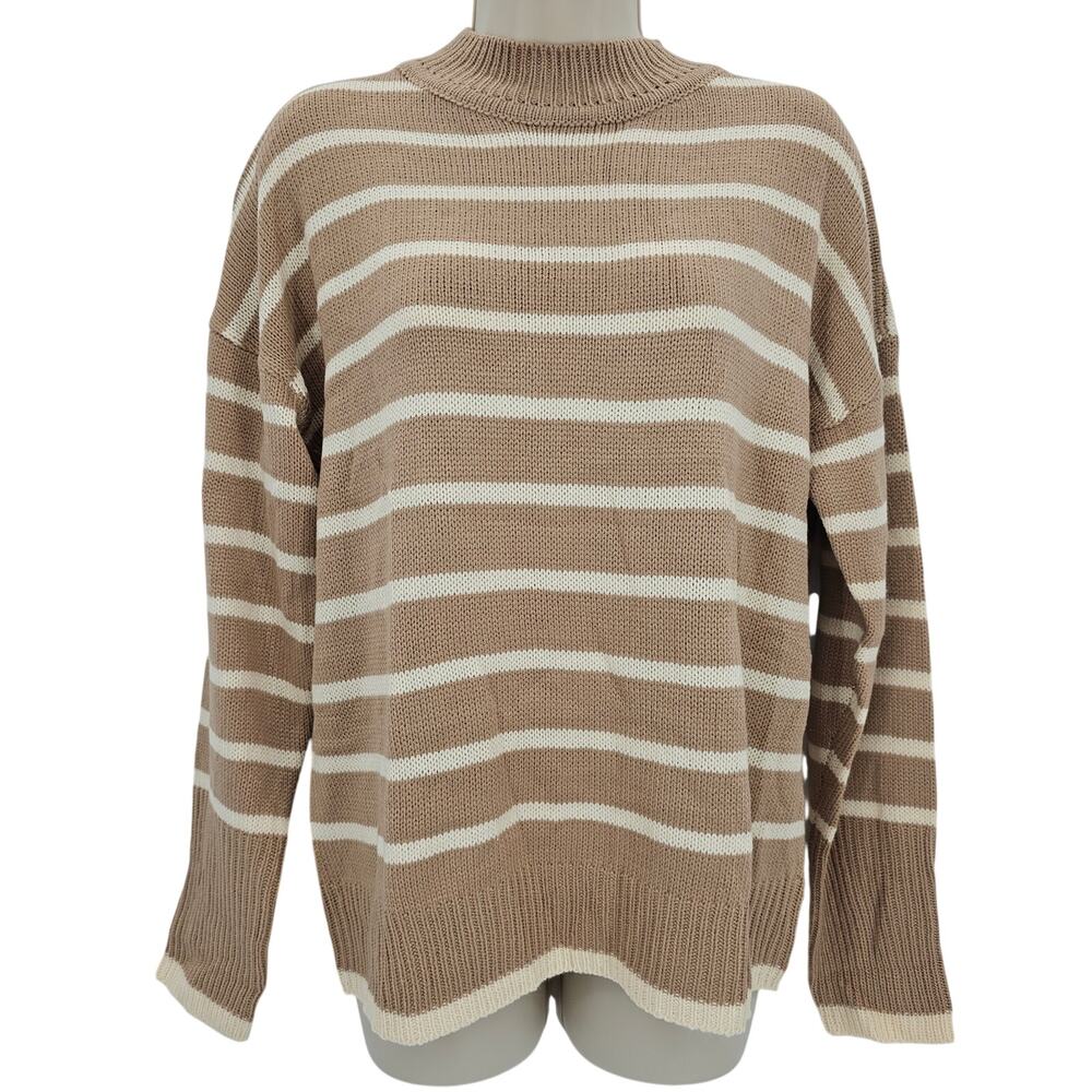 Cupshe Womans size M Striped Mock Neck Drop Sleeve Knit Sweater Tan/White NEW